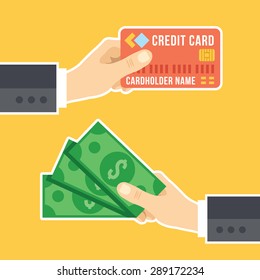 Hand with credit card and hand with cash. Payment methods, cash-out, smart investment, business, cash withdrawal, business, online payment concepts. Flat design. Creative vector illustration