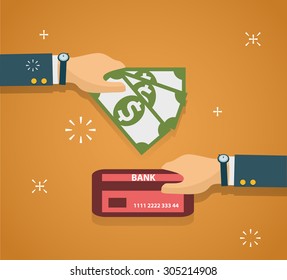 Hand with credit card and hand with cash. Payment methods, cash-out, smart investment, business, cash withdrawal, business, online payment concepts. Flat design. Creative vector illustration