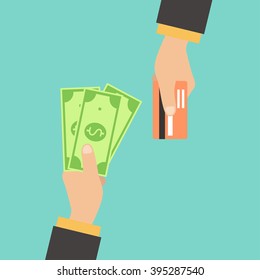 Hand with credit card and hand with cash. Payment methods, cash-out, smart investment, business, cash withdrawal, business, online payment concepts. Creative vector illustration