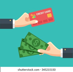 Hand with credit card and hand with cash. Vector flat illustration