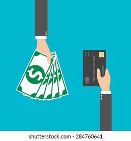 hand with credit card and cash for your design, Vector illustration