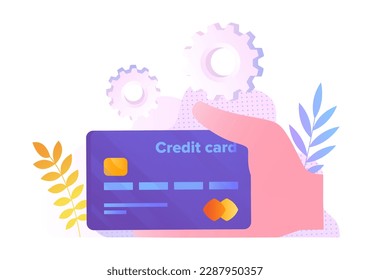 Hand with credit card. Cashless transfers and transactions, banking and online shopping. Electronic payments at Internet. Template, layout and mock up. Cartoon flat vector illustration
