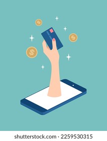 Hand with credit card coming out of lying isometric smartphone and gold coins around. Mobile banking or online shopping concept. Vector illustration