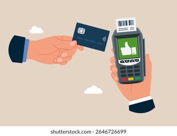 Hand with credit card. Dataphone with a thumb up hand. Technology for business. POS terminal confirms the payment made through mobile phone. Vector illustration