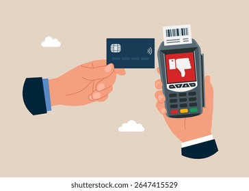 Hand with credit card. Dataphone with a thumb down hand. Technology for business. POS terminal  no confirms the payment made through mobile phone. Flat vector illustration