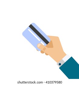 Hand with credit card. Flat design. vector illustration