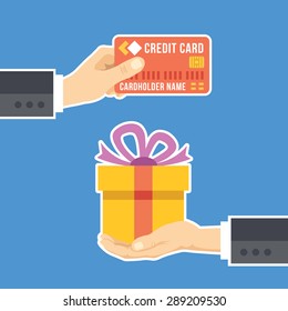 Hand with credit card and hand with gift. Gift delivery, surprise, loyalty program concepts. Flat design. Creative vector illustration