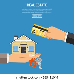 Hand with credit card and hand with house and keys with flat icons. sale, purchase, lease, rent of real estate concept. isolated vector illustration