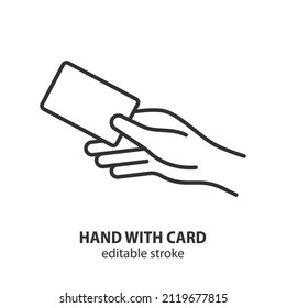 Hand with credit card line icon. Contactless card payment vector symbol. Editable stroke.