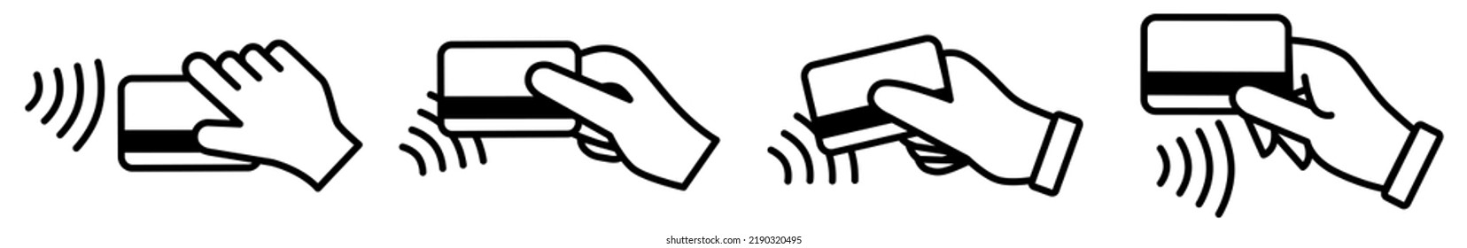 Hand with credit card over four wireless waves icon - contactless payment sign