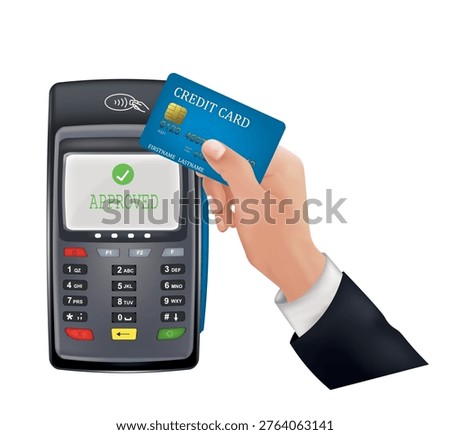 Hand with credit card over POS terminal, vector