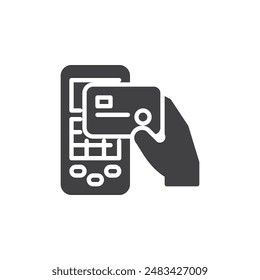 Hand with credit card and payment terminal vector icon. filled flat sign for mobile concept and web design. Payment Gateway glyph icon. Symbol, logo illustration. Vector graphics