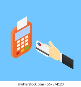Hand with credit card payment through the terminal. 
