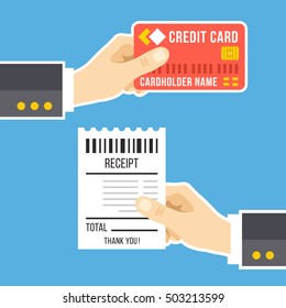 Hand with credit card and hand with receipt. Pay bills, business, online payment, tips, pay at restaurant concept. Flat design for web banners, web sites, printed materials. Modern vector illustration