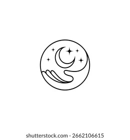 hand and crescent moon logo in circle frame with line art design style
