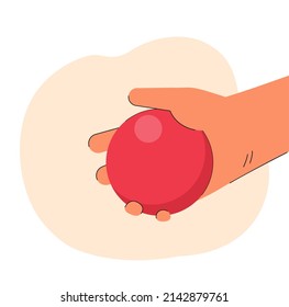 Hand of cricket player grabbing red ball on match. Person playing traditional recreational game flat vector illustration. Trophy, sports concept for banner, website design or landing web page