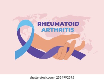 Hand with crooked fingers holding blue-purple ribbon with a world map on the background. World Rheumatoid Arthritis day poster. Vector illustration in cartoon style.