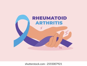 Hand with crooked fingers holding blue-purple ribbon. World Rheumatoid Arthritis day. Vector illustration in cartoon style.