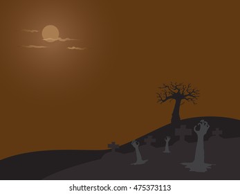 Hand of crop in graveyard at night for halloween background.