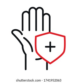 Hand mit Kreuz-innen Schild Linie Bicolor Stil Ikone Design der medizinischen Versorgung und covid 19 Virus Thema Vector Illustration