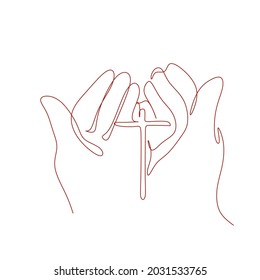 hand with cross line art .Concept of hope, faith, christianity, religion, church online.
