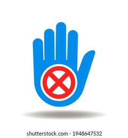 Hand with cross sign vector icon. Contraindication warning for treatment symbol. Interruption logo. Stop, No, Prohibition, Ban Illustration.