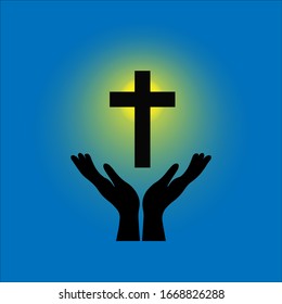 hand and cross with yellow light. vector illustration