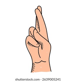 Hand with crossed fingers vector isolated. Hand-drawn illustration of human hand showing crossed finger as a form of good luck superstition. Hand gesture.