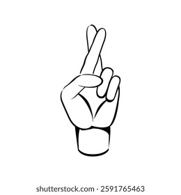 A hand with crossed two fingers luck and promise concept sketch vector line illustration. 