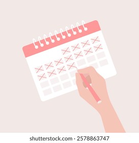 Hand crossing out days on calendar with red pen. Flat vector illustration