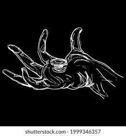 Hand of crucified Jesus Christ pierced with a nail. Matthias Grünewald. Isenheim Altarpiece. Hand drawn linear doodle rough sketch. White silhouette on black background.