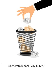 Hand with crumpled paper. Putting trash in trash can vector icon