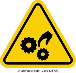 Hand crush sign. Hand injury sign. The sign of the clasped hand. Yellow triangle warning sign depicting a hand and a gear. Risk of injury. Beware of gear.