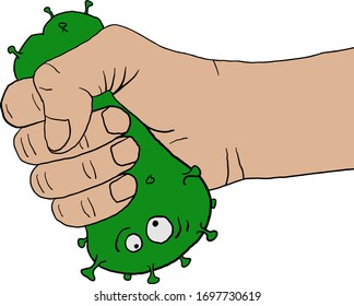 Hand crushes the virus - Abstract humorous epidemic victory concept illustration