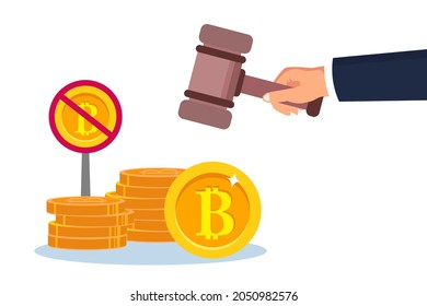 Hand crushing Bitcoin with a gavel. Cryptocurrency law regulation vector concept