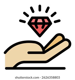 Hand- und Kristallsymbol. Umrisshand und Kristall, Vektorsymbol, Farbe, flach, einzeln