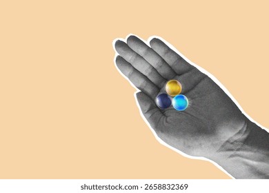 Mano con bolas de mármol de cristal en Vector. Juego glossy orb