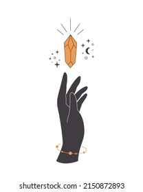 Hand with crystal. Mystical, esoteric, magic or healing crystal. Linear art. Editable strokes. Vector illustration