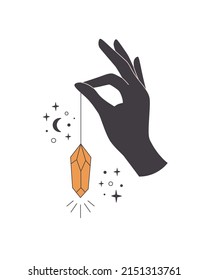 Mano con cristal. Cristal místico, esotérico, mágico o curador. Arte lineal. Golpes editables. Ilustración del vector