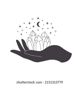 Hand with crystal. Mystical, esoteric, magic or healing crystal. Linear art. Editable strokes. Vector illustration