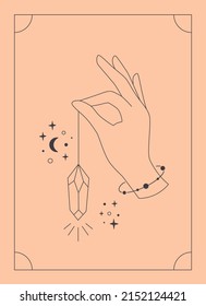 Hand with crystal. Mystical, esoteric, magic or healing crystal. Linear art. Editable strokes. Vector illustration