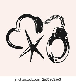 Hand cuffs, star. Hand drawn black Vector illustration. Tattoo flash sketch, sticker, logo, icon, print, design template. Isolated element