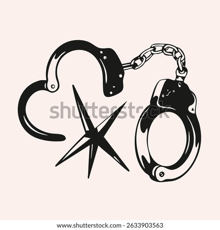 Hand cuffs, star. Hand drawn black Vector illustration. Tattoo flash sketch, sticker, logo, icon, print, design template. Isolated element
