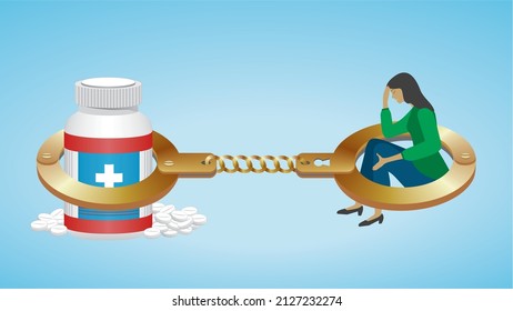 Hand Cuffs With Woman And Medicine Bottle, Pills. Vector Illustration.