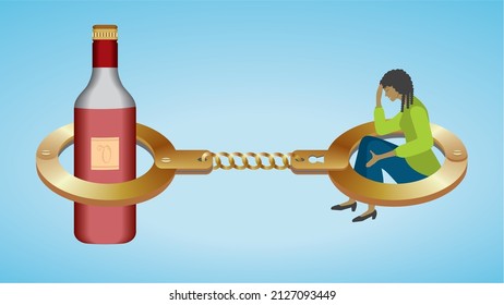 Hand Cuffs, Woman And Wine Bottle. Vector Illustration.