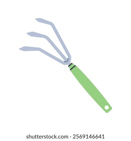 Hand cultivator or rake. Gardening tool. Flat graphic element for spring and summer designs.