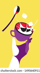 Hand and cup of coffe or tea, sugar, pop art style flat illustration