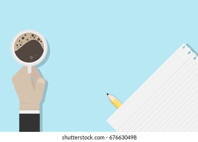 Hand with cup of coffee and office stuff isolated