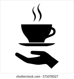 Hand with cup of coffee or tea icon. Offer of hot beverage. Vector Illustration