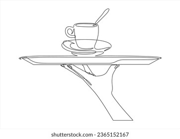 Hand with cup of coffee or tea line icon. Offer of hot beverage. Vector Illustration